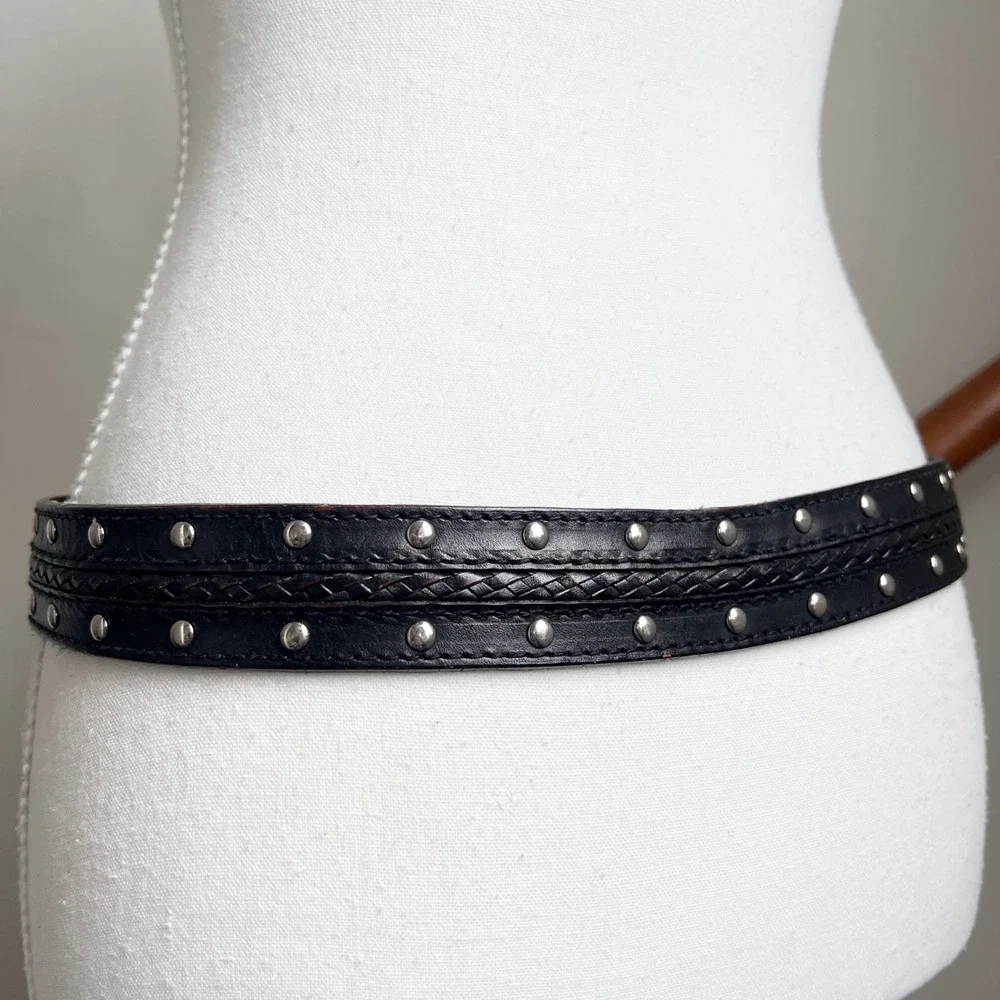Vintage Black Leather Studded Distressed Boho Biker Belt Braided Michael Kors - Picture 9 of 12